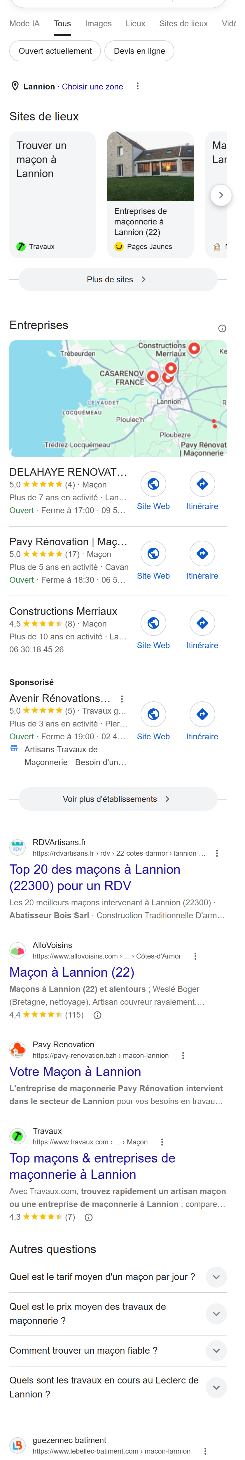 « artisan maçon Lannion » — le carrousel Google Maps