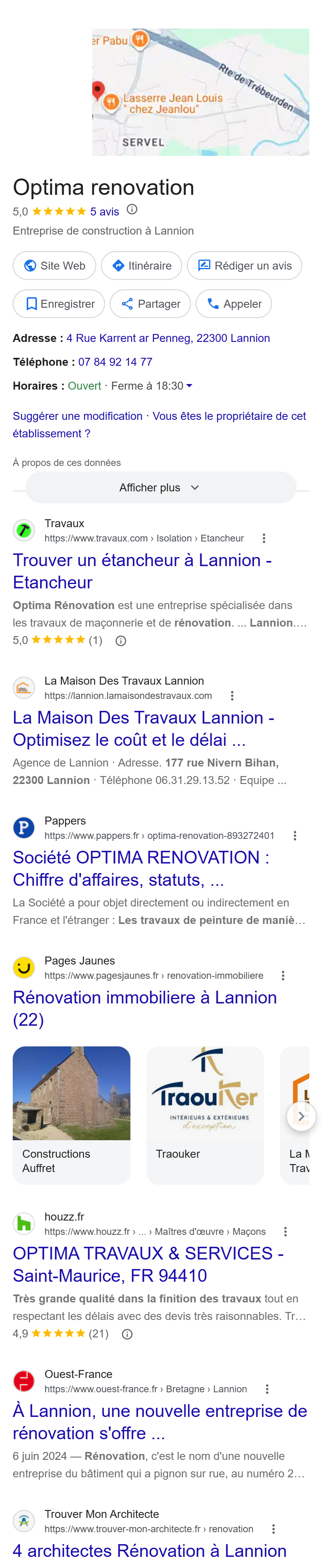 Sa fiche Google — « Optima Rénovation Lannion »