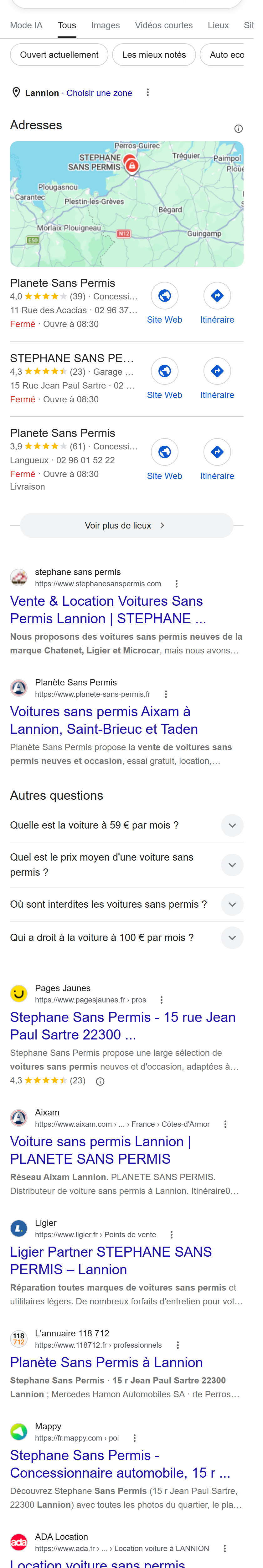 « voiture sans permis Lannion » — le carrousel Google Maps